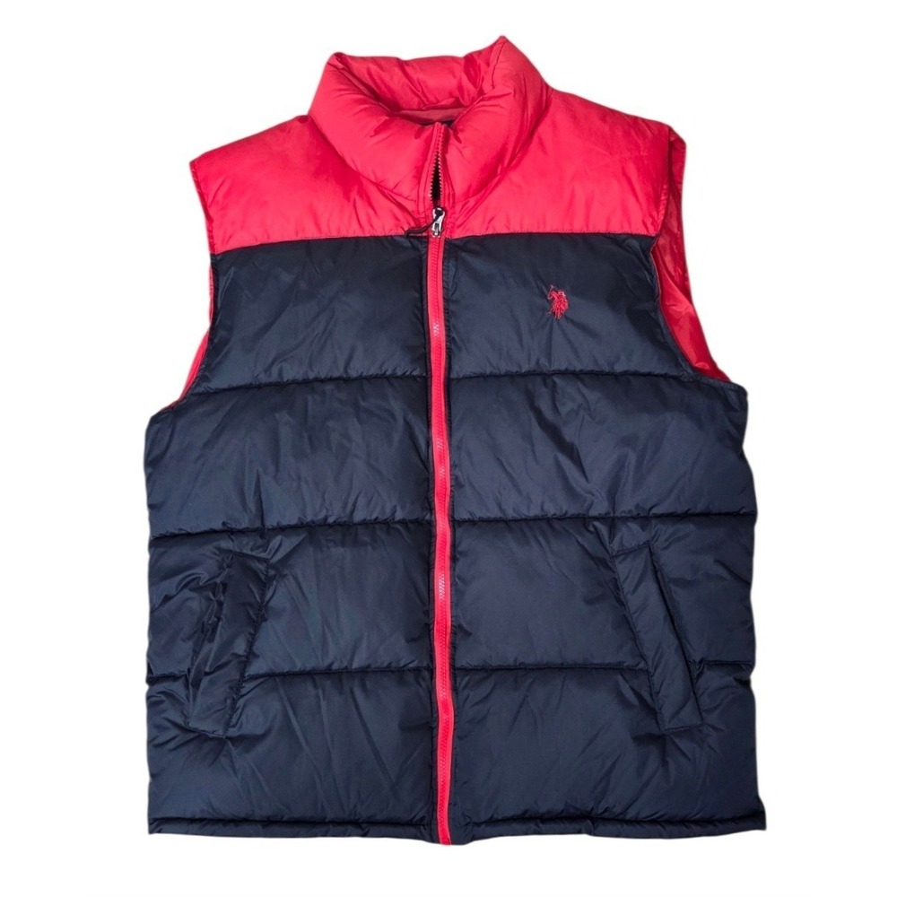 US Polo Assn Men's Size Large Quilted Puffer Vest Full Zip Navy Red Color Block